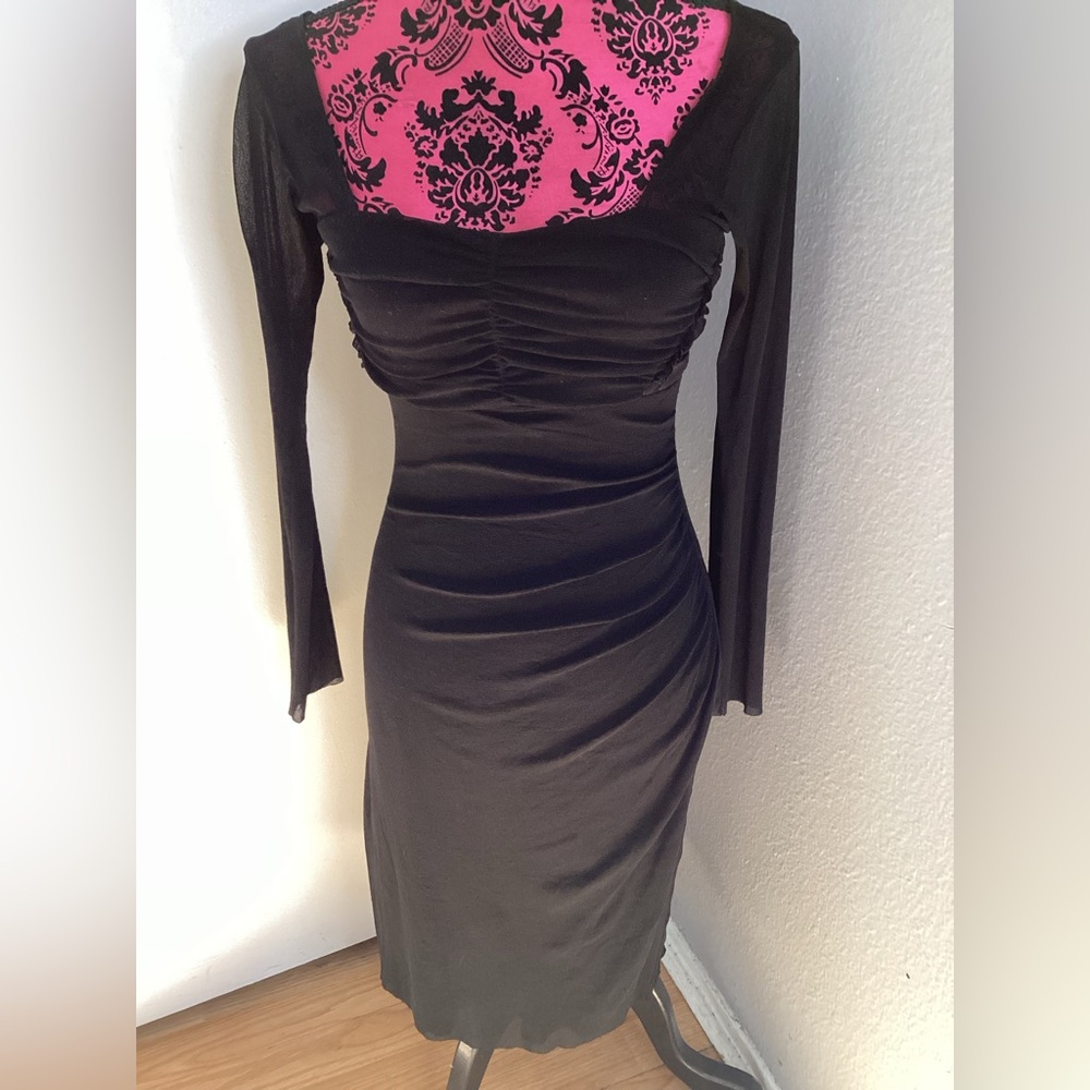 Chic Long Sleeve 100% Nylon Black Dress With Ruching S